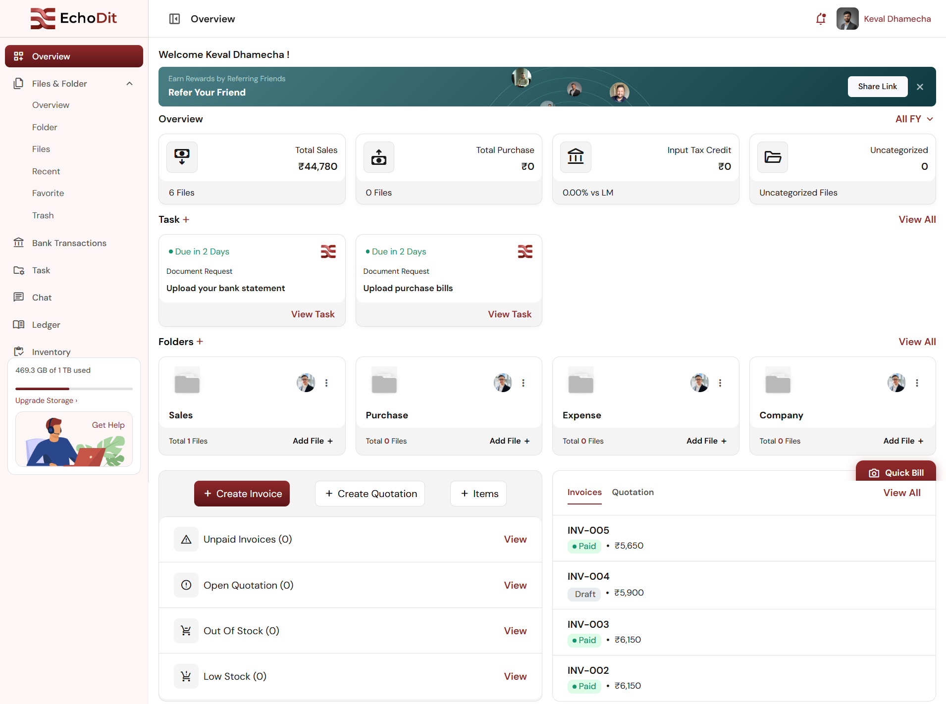 GST document management dashboard showing document uploads and CA collaboration